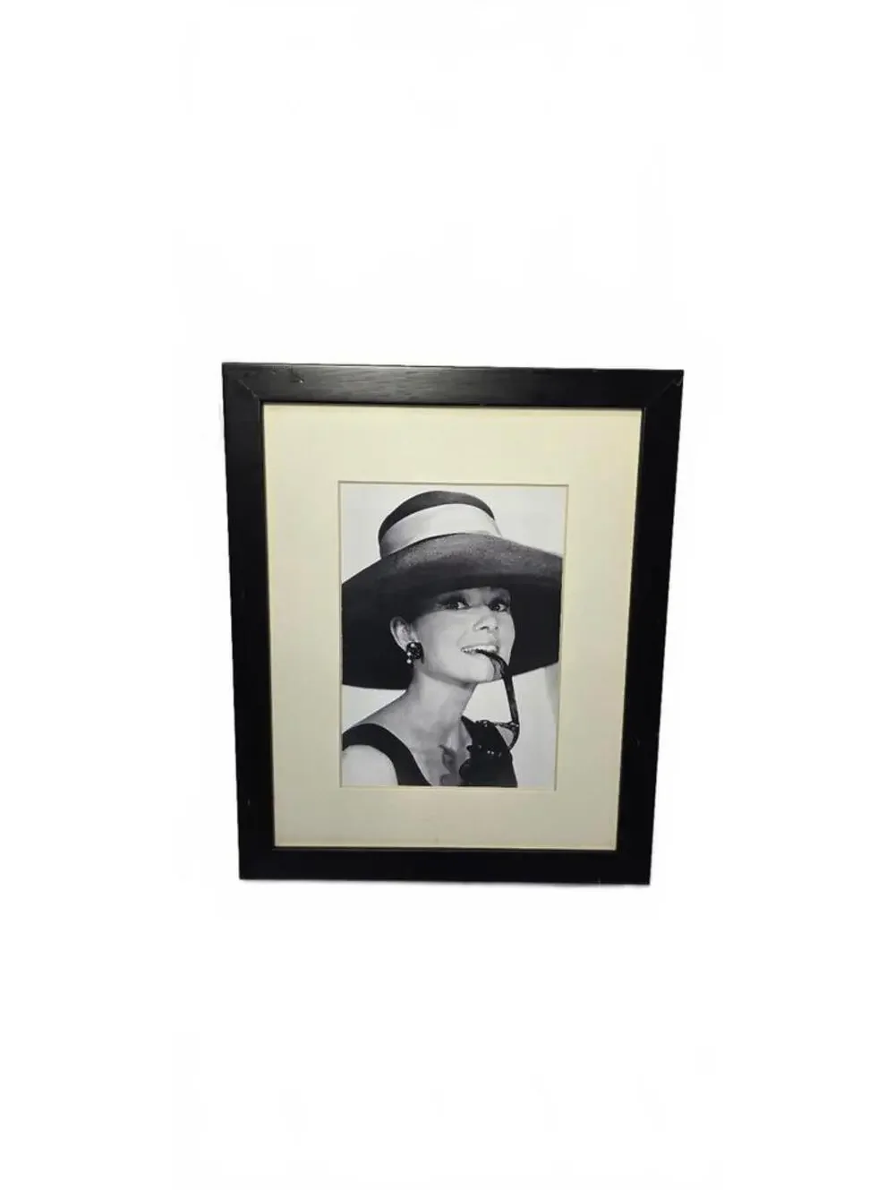 Framed Black and White Audrey Hepburn Portrait with Wide-Brim Hat